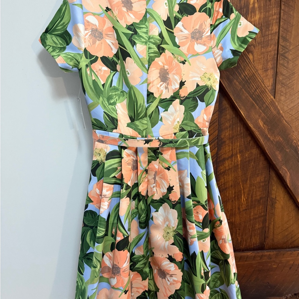 Tahari ASL Botanical Midi Dress - Green and Peach